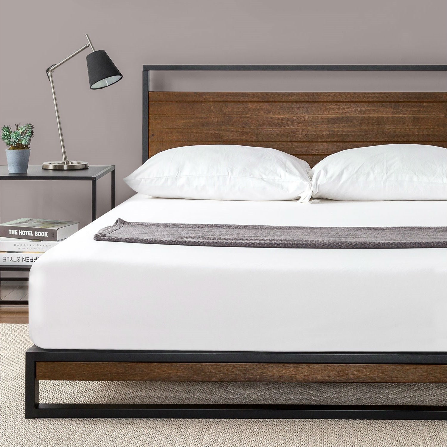 Metal Wood Platform Bed with Headboard