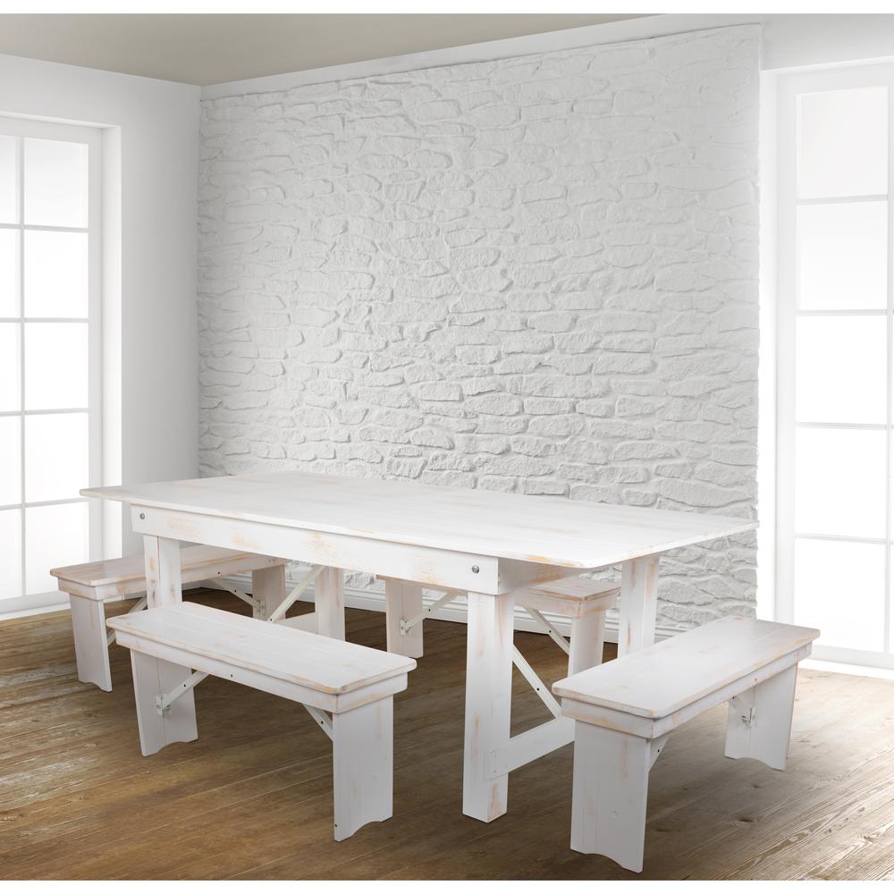 Antique Rustic White Folding Farm Table and Four Bench Set