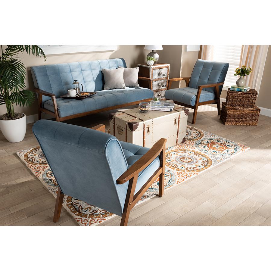 Light Blue Velvet Walnut Finished Wood 3-Piece Living Room Set