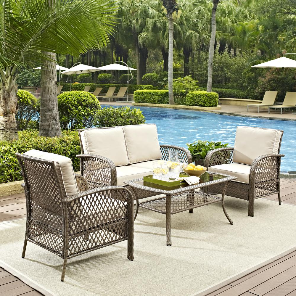 Tribeca 4Pc Outdoor Wicker Conversation Set Sand/Driftwood - Loveseat, Coffee Table, & 2 Arm Chairs