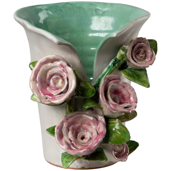 Vase, Med. White w/ Pink Roses