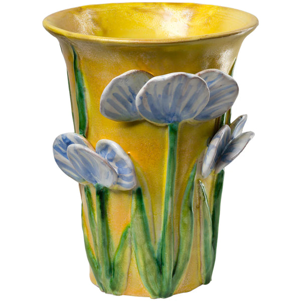VASE, MED. YELLOW W/ BLUE FLOWERS