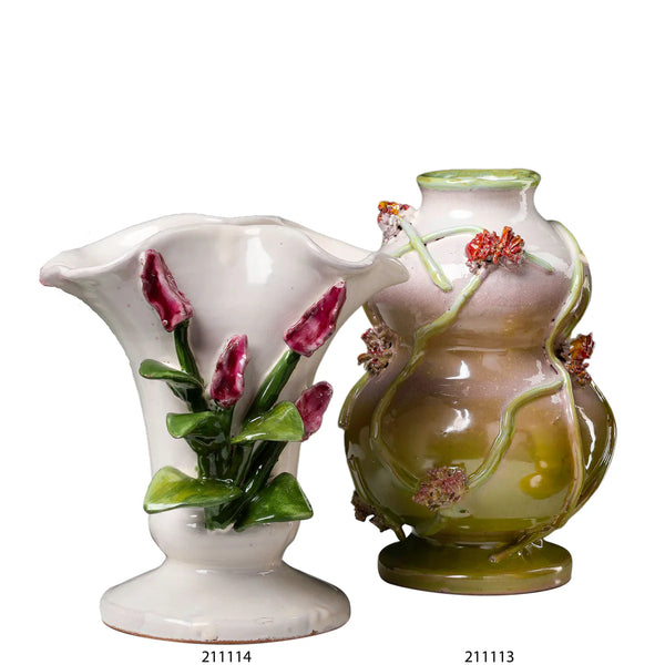 Vase, Sm White & Green W/ Orange