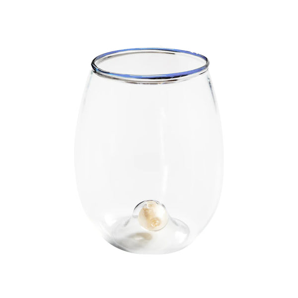Golden Globe All-Purpose Stemless Wine Glass, Clear/Blue Trim Set 4