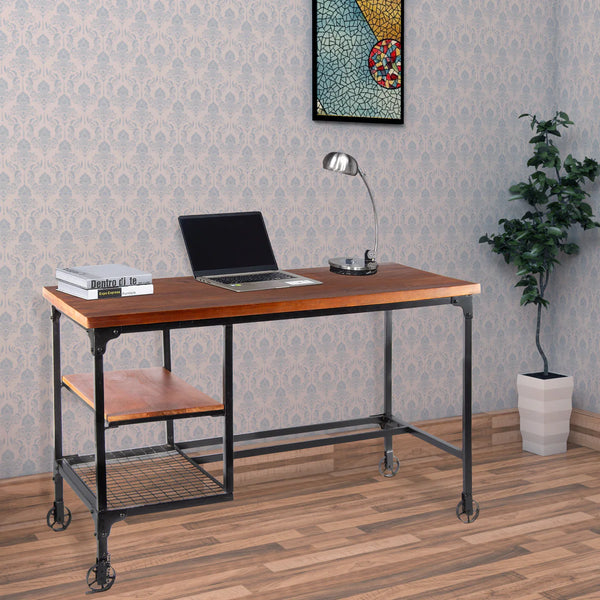 Industrial Style Wooden Desk With Two Bottom Shelves, Brown And Black