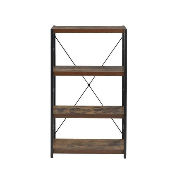 Four Tiered Metal Framed Wooden Bookshelf, Weathered Oak Brown and Black