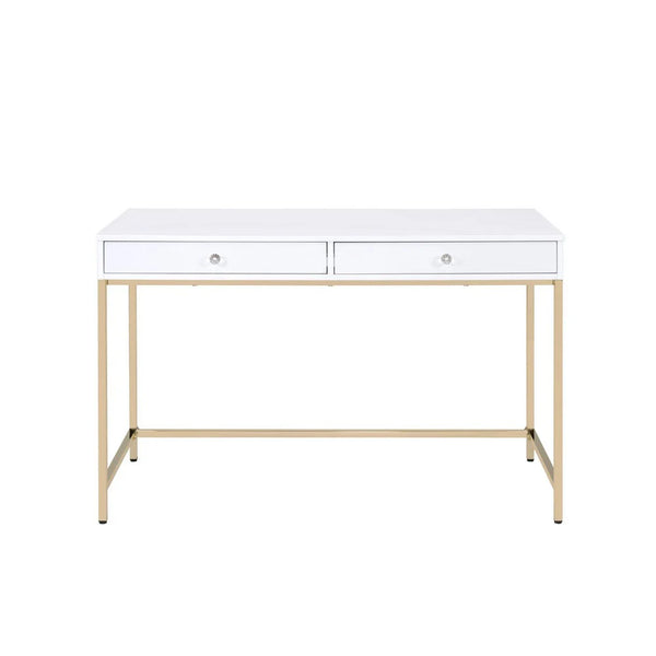 Two Drawers Wooden Desk with Tubular Metal Base, White and Gold