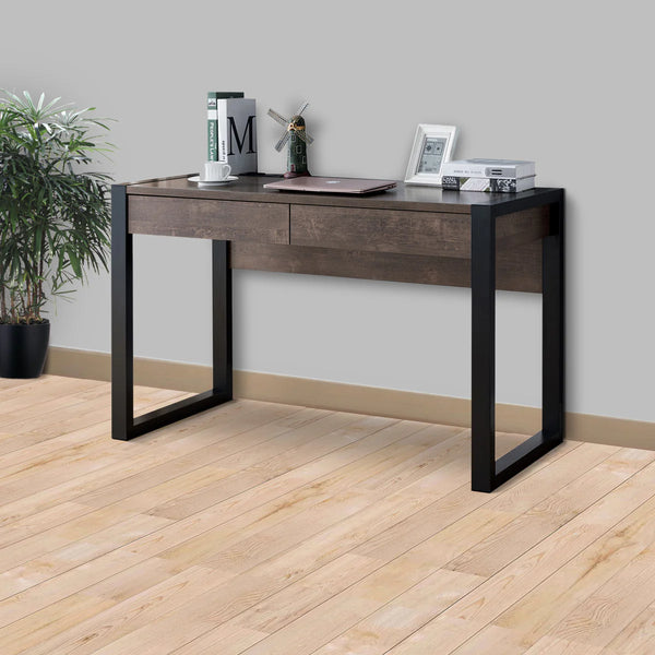 Rectangular Wooden Desk with Electric Outlet and Sled Leg Support, Black and Brown