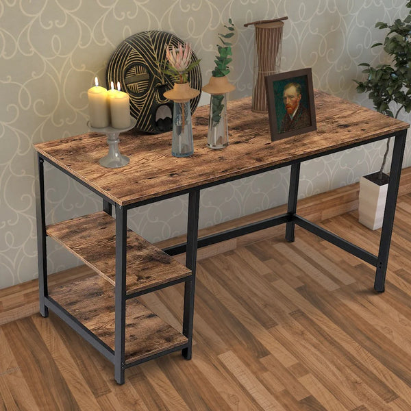 Yori Industrial 55 Inch Wood and Metal Desk with 2 Shelves, Black and Brown