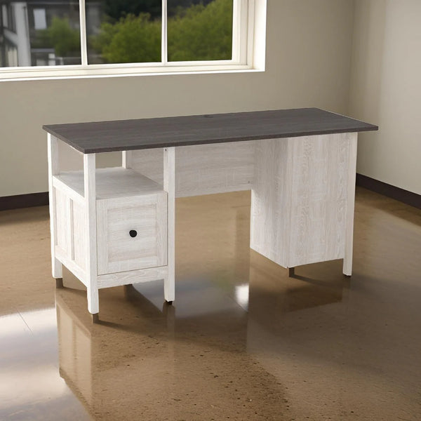 59 Inch Rectangular Home Office Wood Desk, File Drawer, Gray, White