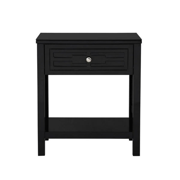 Fimo 27 Inch Nightstand with Drawer and Shelf, Glass Top, Modern Black Wood