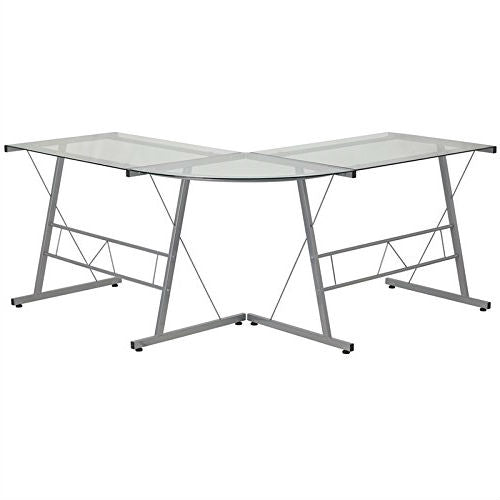Modern Silver Metal L-Shaped Desk with Glass Top and Floor Glides - Lacasademartha 