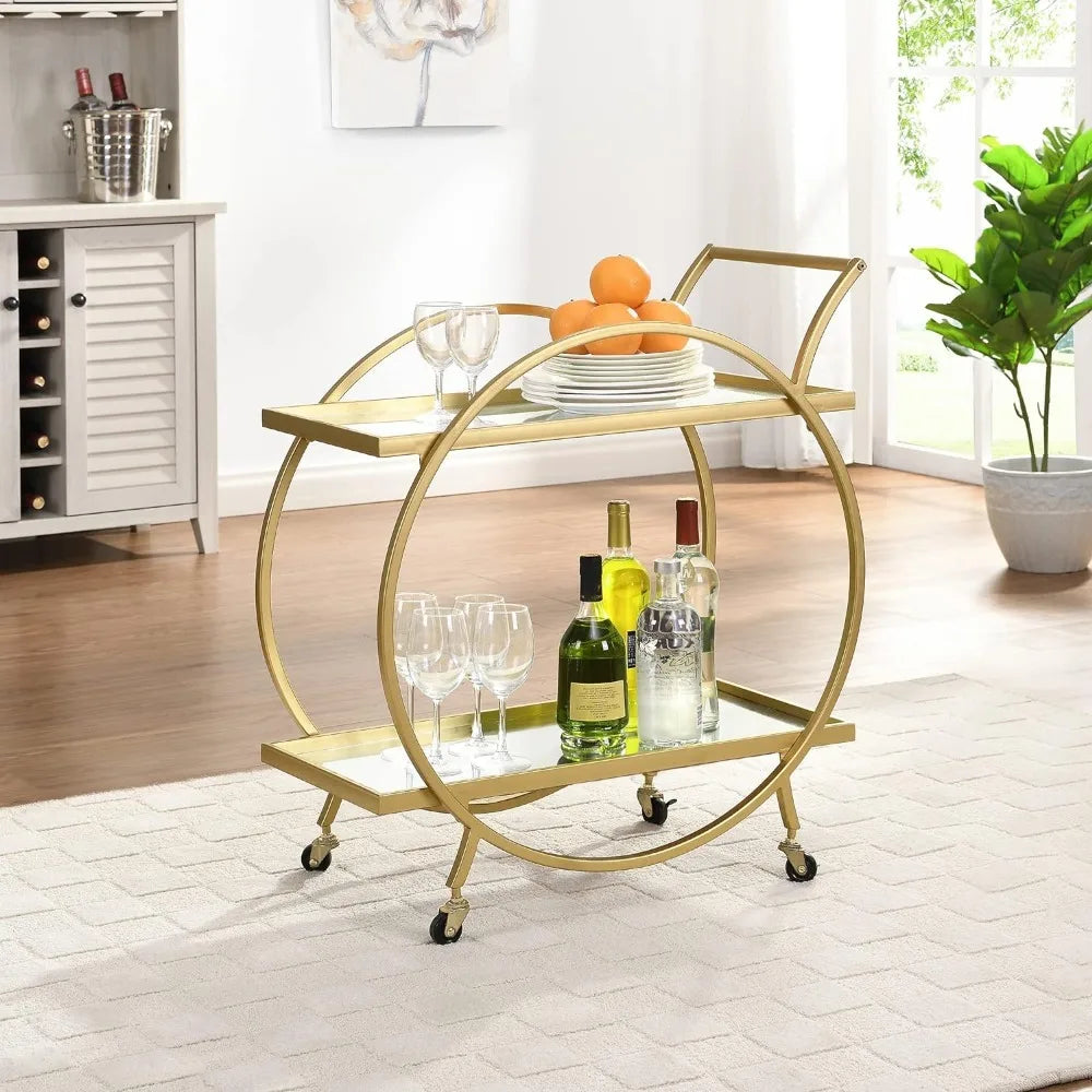 Gold Odessa Bar Cart, 2 Tier Mobile Mini Bar, Kitchen Serving Cart and Coffee Station with Storage for Liquor, Metal and Mirror