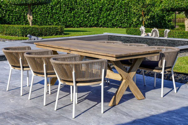 Santino + Melina 7-Piece Outdoor Dining Set - Wood Dining Table and 6 Wood, Aluminum, and Rope Chairs, White Legs