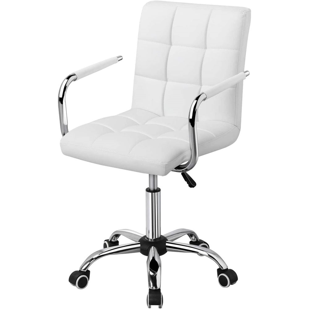 White Modern Faux Leather Mid-Back Swivel Office Chair with Armrests and Wheels - Lacasademartha 