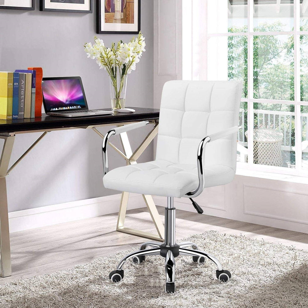 White Modern Faux Leather Mid-Back Swivel Office Chair with Armrests and Wheels - Lacasademartha 