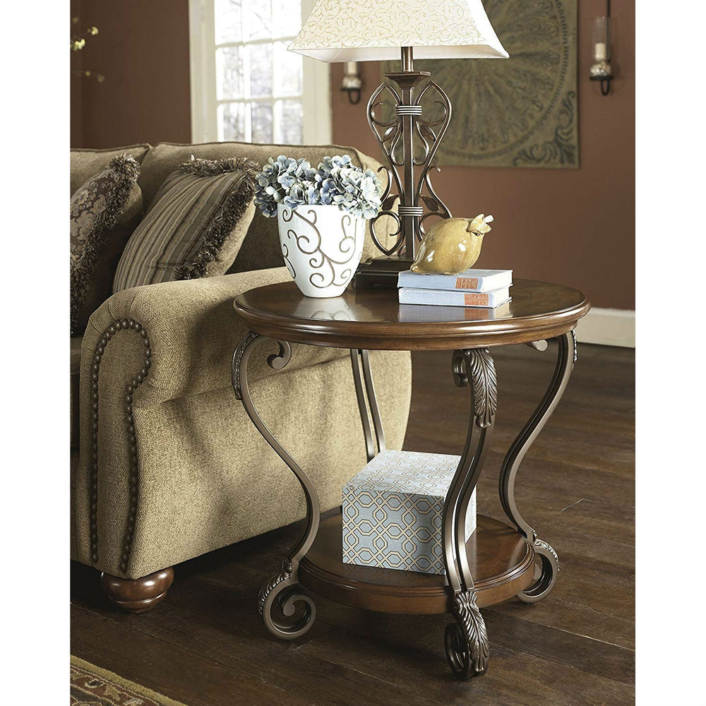 Nightstand in Brown Wood with Scrolling Metal Legs
