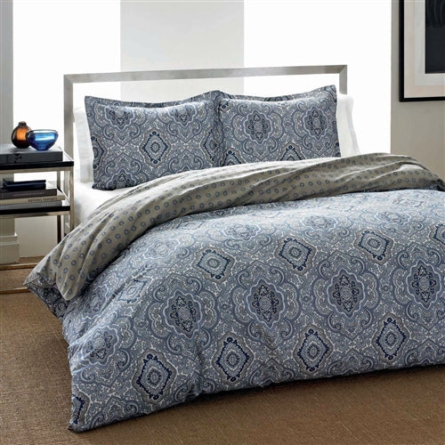 King Comforter Set with Blue Grey Damask Pattern