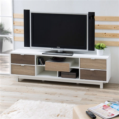 White TV Stand with Natural Wood Accents