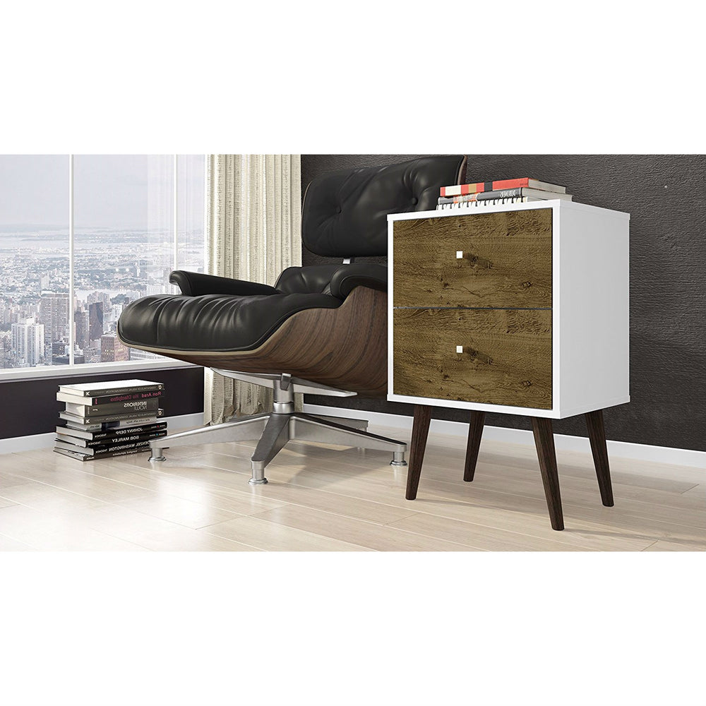Modern Mid-Century Side Table Nightstand in White and Wood Finish
