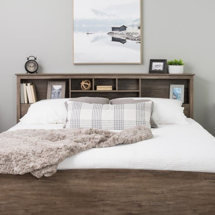 Bookcase Headboard in Drifted Gray Wood Finish