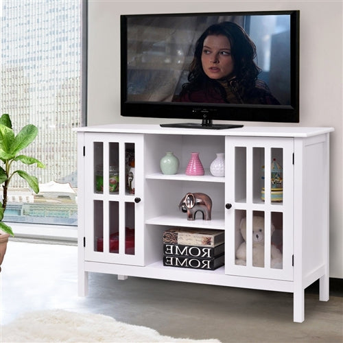 White Wood TV Stand with Glass Panel Doors